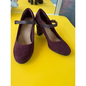 Clarks Burgundy‎ Suede Croc Embossed MaryJane Block Heels 7.5/38 Retro Comfy